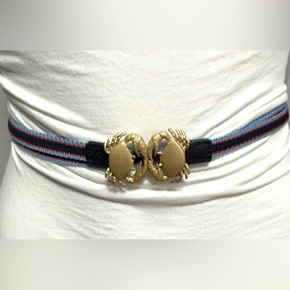 Tory burch Crab Clasp Striped Webbing Skinny Elastic Belt Blue Red
